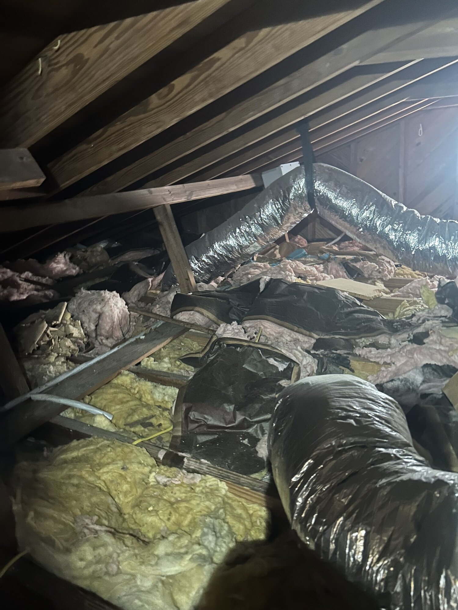 Failing old attic insulation with exposed ducts in a Panama City home